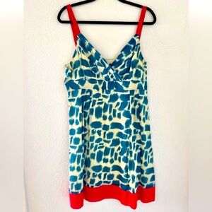Premise Silk-Cotton Blue/Cream Print Dress with Red Accents - Size 14, EUC